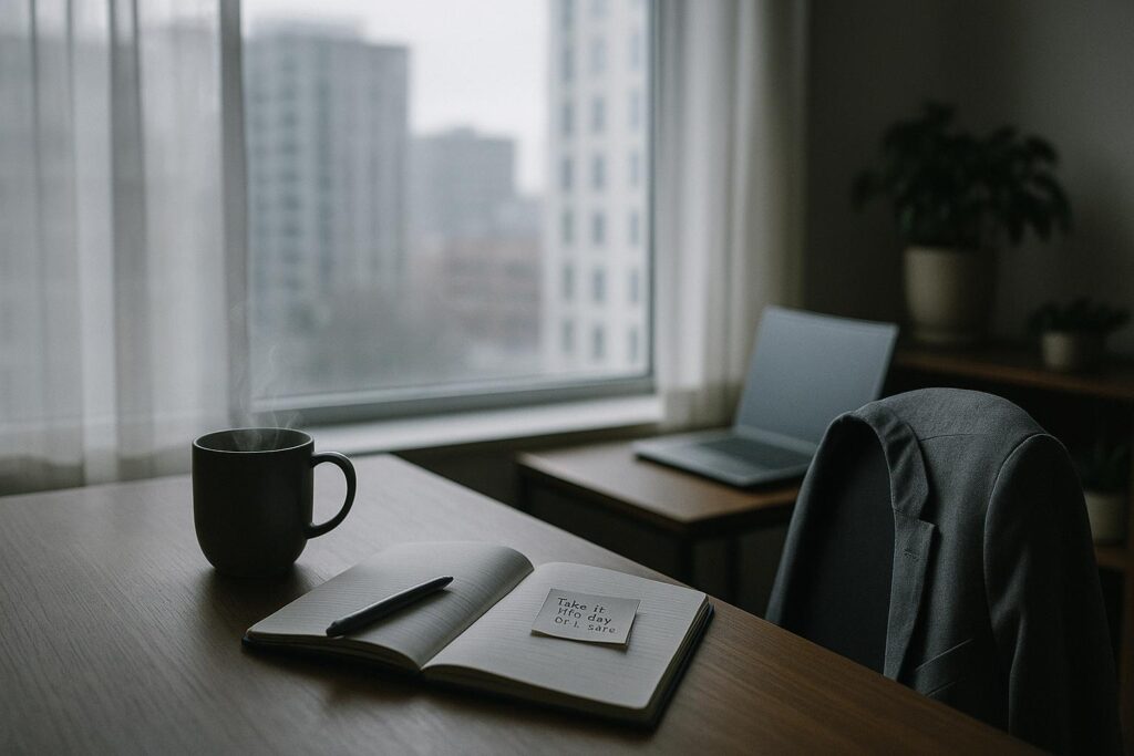 Calm workspace with a notebook, mug, and 'Take it one day' note in an Orlando depression therapy office with a cityscape view.