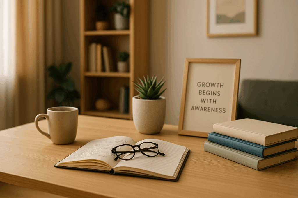 Cozy desk with a notebook, glasses, coffee mug, plant, and a 'Growth Begins with Awareness' frame in an Orlando mental health therapist's office.