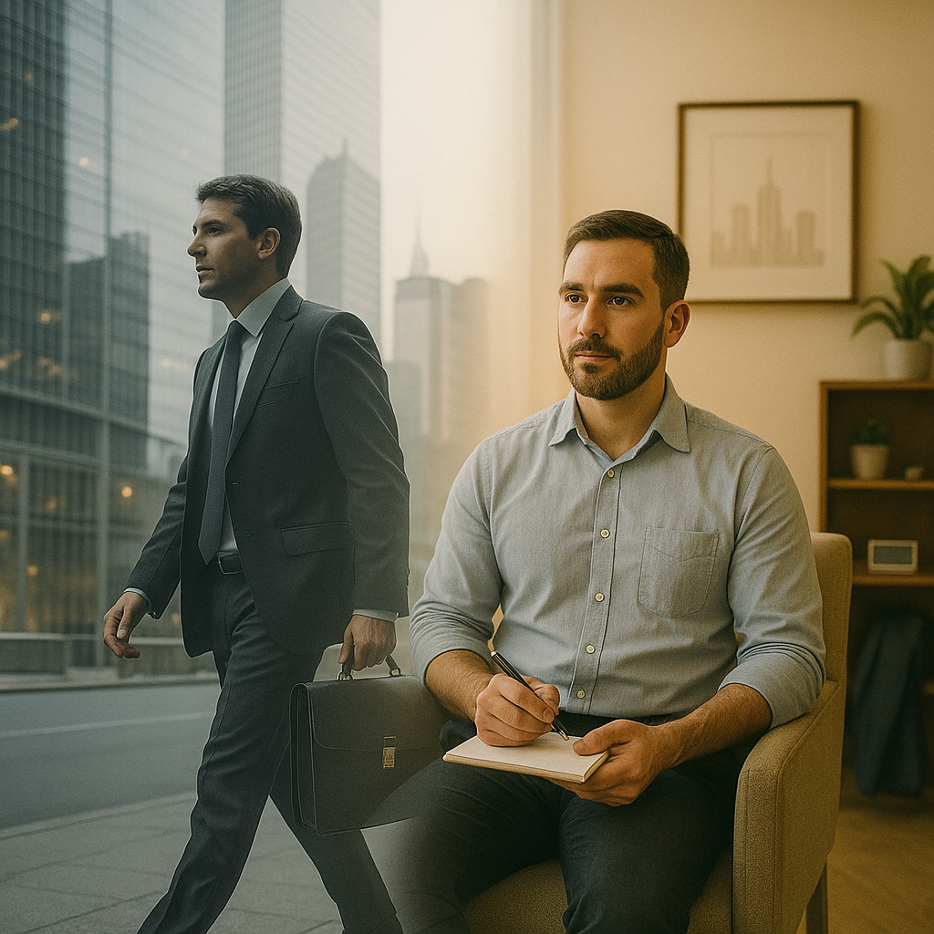 A professional with a briefcase in an Orlando cityscape transitions to a calm therapy session with a therapist taking notes.