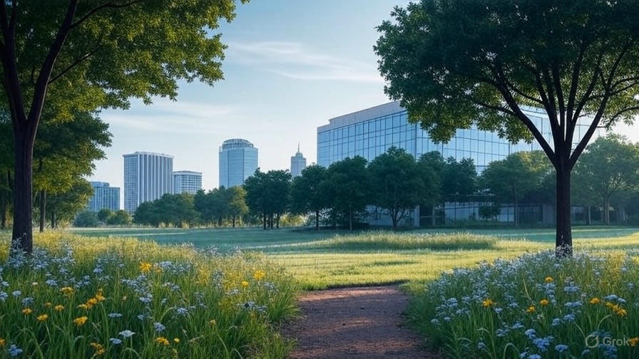 Serenity park path with wildflowers and modern buildings in Orlando, perfect for mental health therapy and counseling.