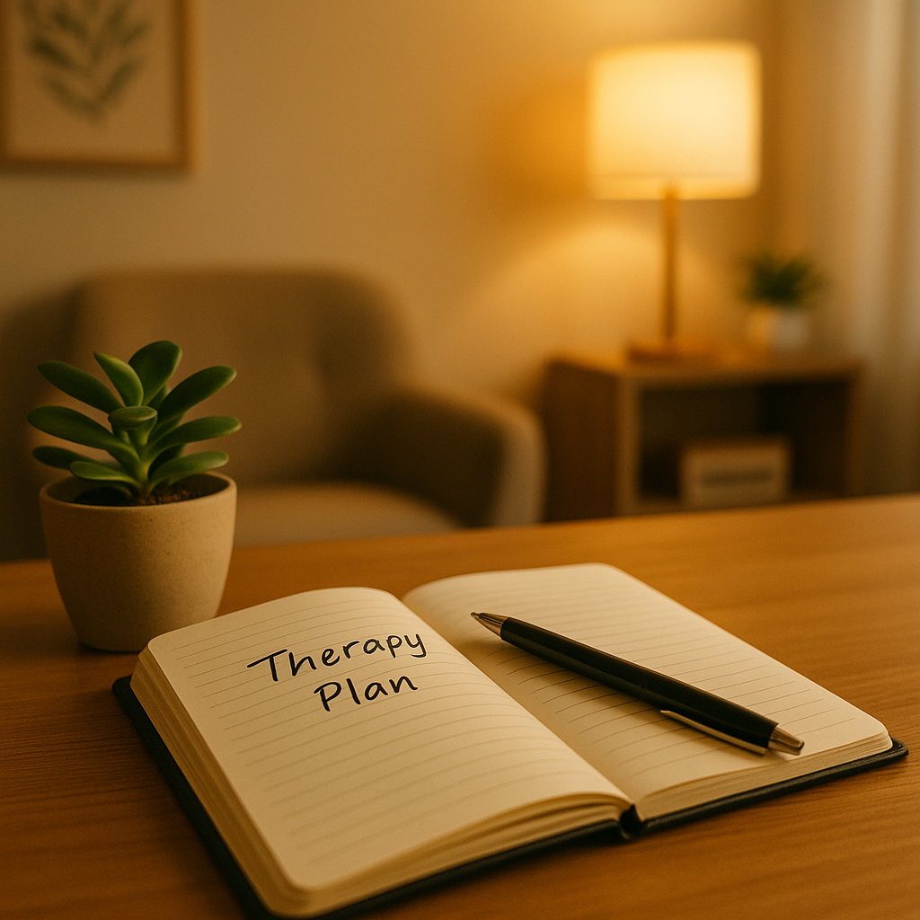Open notebook with 'Therapy Plan' written, pen, and potted plant on a desk in a cozy Orlando counseling office with warm lighting.