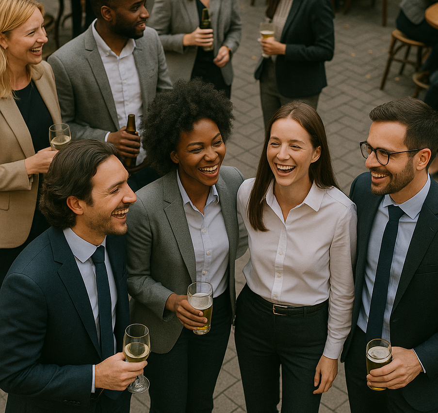 Group of young professionals in Orlando enjoying a social gathering with drinks, symbolizing support through therapy.